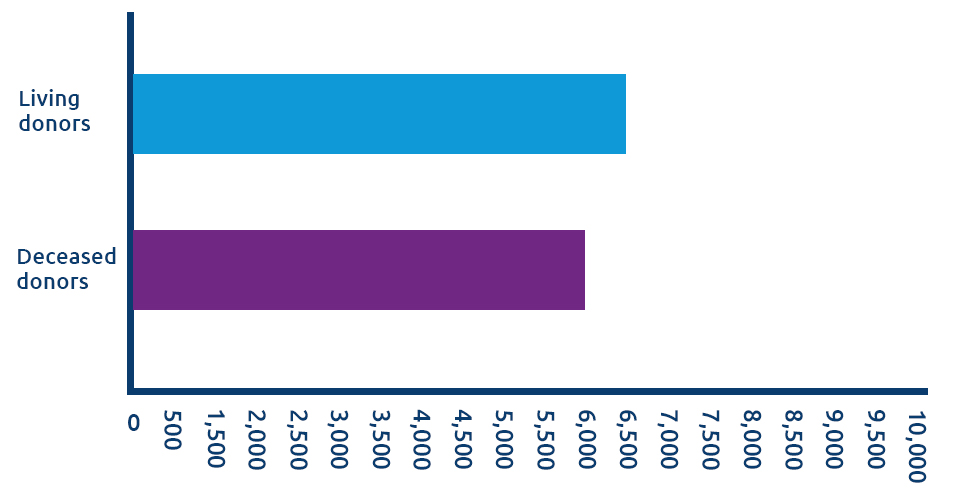 For the first time, the total of living organ donors for the year (6,528) exceeds the number of deceased organ donors (6,081).