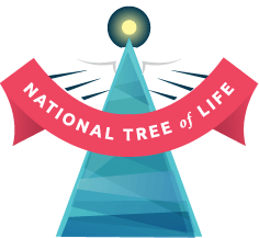 Christmas tree with red banner containing words "National Tree of Life"